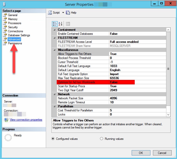 How to change “Optimize for Ad hoc Workloads” option