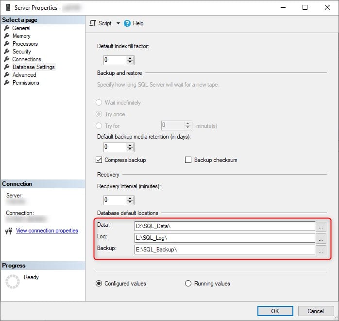 Figure 1 - Setting database default locations