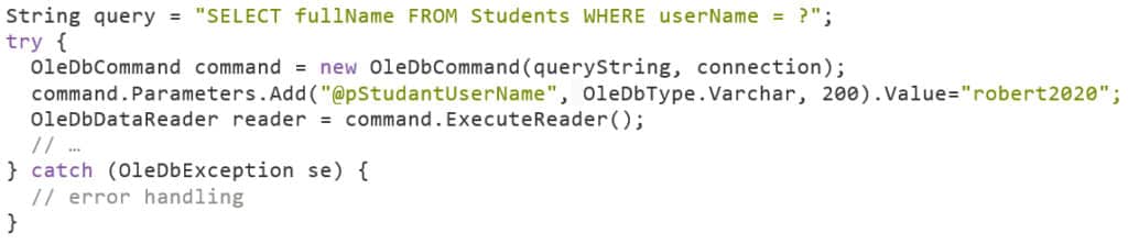 Figure 3 - Safe C# .NET prepared statement example