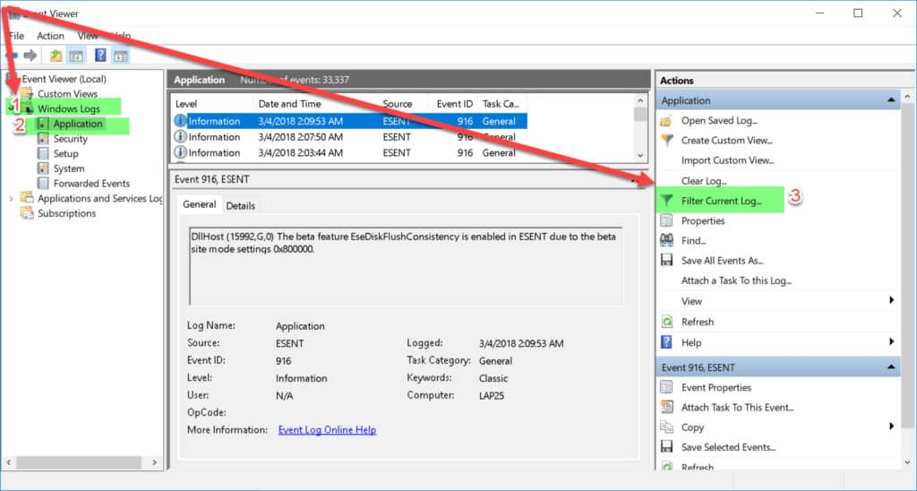 Figure 6 - Steps to filter Event viewer log