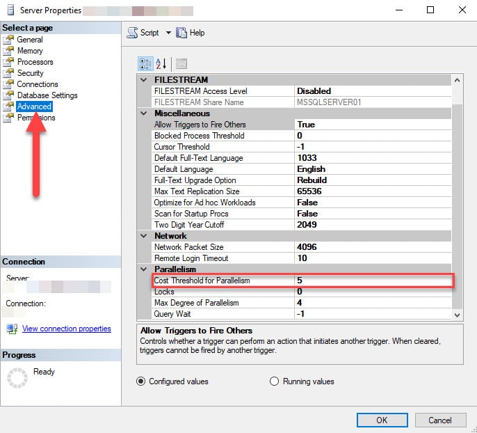 Figure 1 - Cost threshold for parallelism property in SQL Server