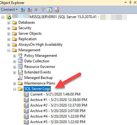 Figure 1 – SSMS – SQL Server Logs