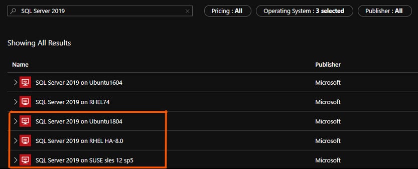 Figure 1 - SQL Server 2019 on Linux distributions (Azure marketplace)
