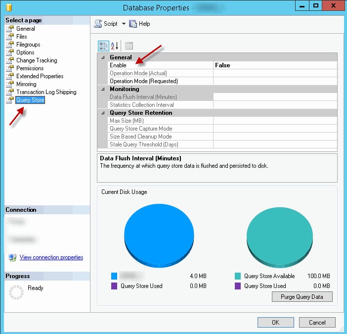 Figure 2 - Query store Enable/Disable option on SQL Server