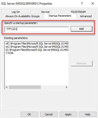 Figure 2 - Adding trace flag to SQL Server startup parameters