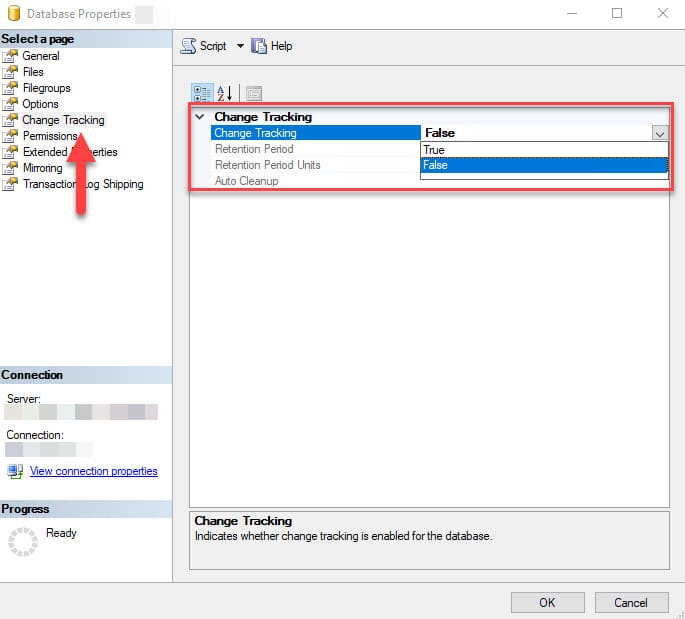Figure 1 - SQL Server change tracking option.