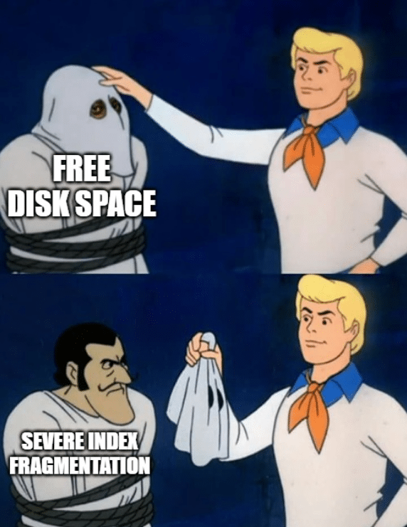 Scooby-Doo meme: “Free Disk Space” is unmasked to reveal “Severe Index Fragmentation” as the real issue