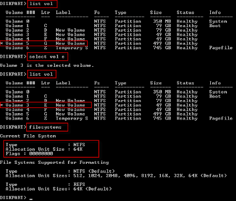 DiskPart volume selection and filesystems output showing NTFS allocation unit size of 64K.